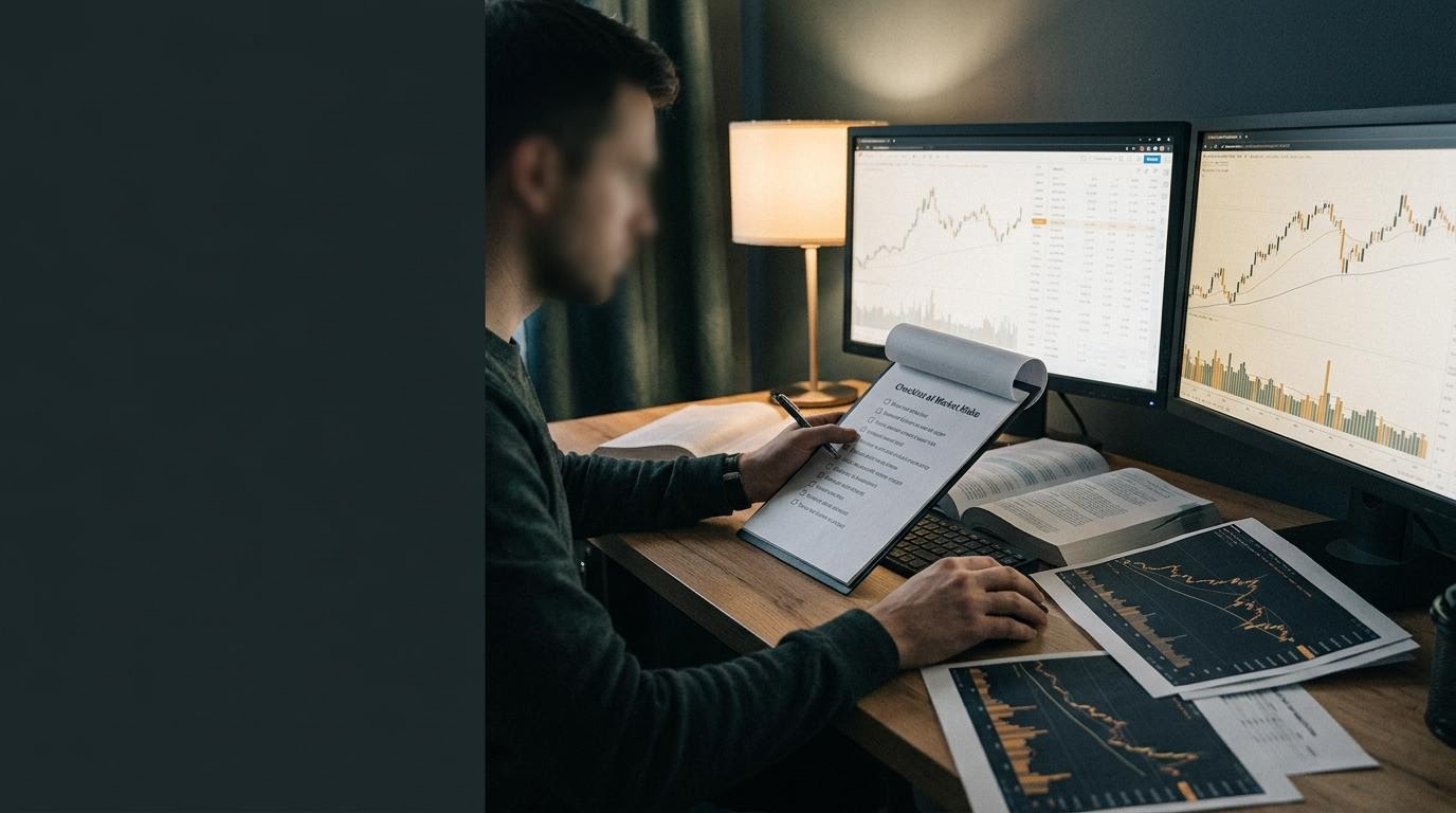 Pembelajar menelaah grafik fluktuasi pasar modal di meja kerja yang tenang
